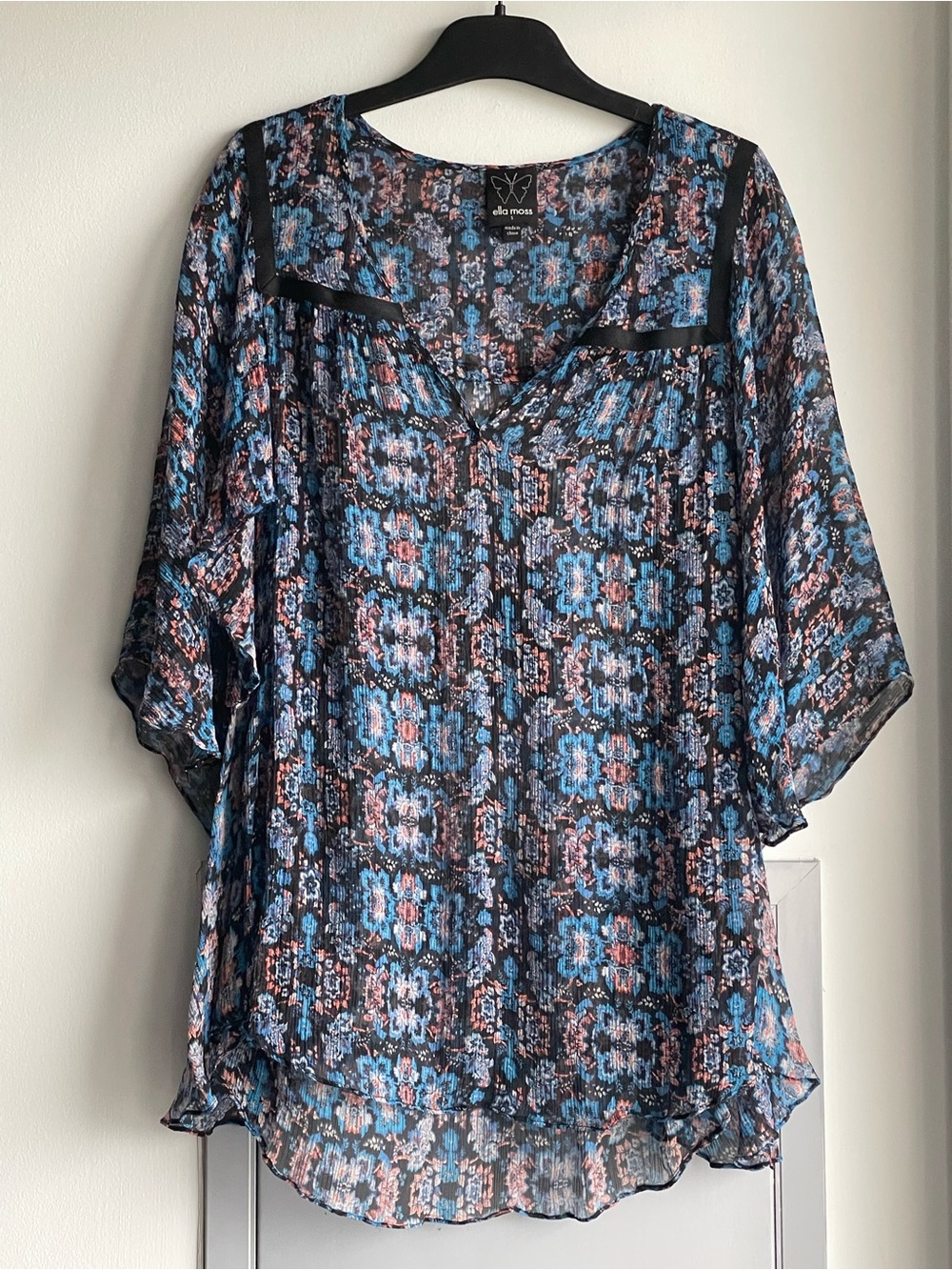 ELLA MOSS Blue Floral Print Sheer Blouse